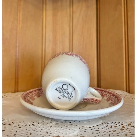 Vintage Jackson China Red Pattern Demitasse Cup Saucer Set Restaurant Teacup Ret - Picture 2 of 10